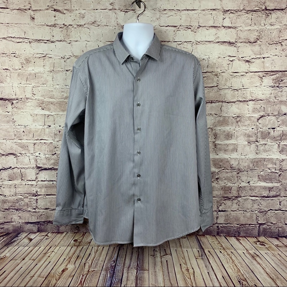 Alfani Grey Striped Button  Front Long Sleeve Shirt